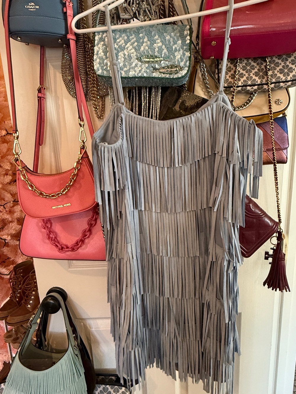 Fringe Slip Dress in Light Blue/Gray - Soft Suede Look & Feel